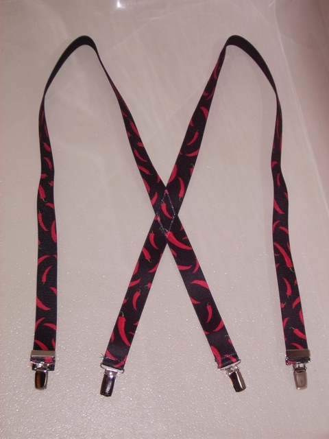 1" wide. "X" Style  CHILI PEPPERS  Choose from 1' 8" to 6' 2" tall. Entirely Stretchable  Suspenders, has 4 Strong 1/2"x 1"   CHROME CLIPS with Nylon Teeth and has 2 adjusters in front.     X-UC260N-CHIL